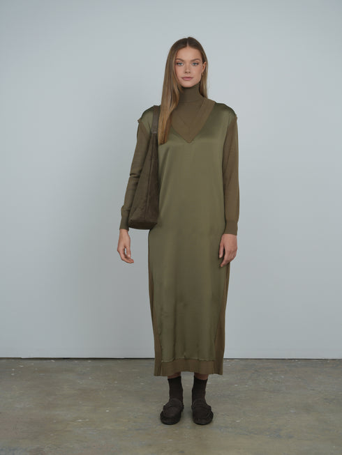 Point Mixed Satin Maxi Dress in Olive